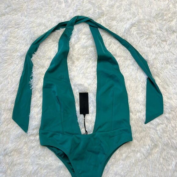 NEW Kendall & Kylie Deep Plunge Halter One Piece Swimsuit in Dusty Jade - Picture 7 of 10